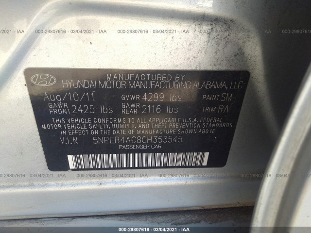 Photo 8 VIN: 5NPEB4AC8CH353545 - HYUNDAI SONATA 