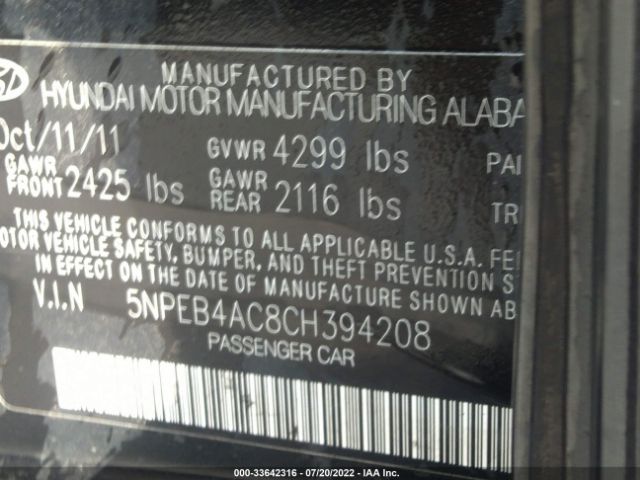 Photo 8 VIN: 5NPEB4AC8CH394208 - HYUNDAI SONATA 