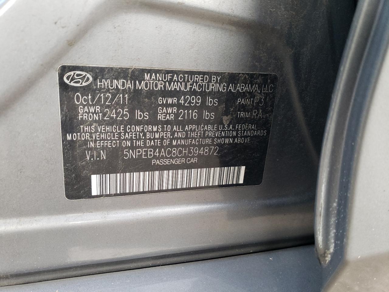 Photo 11 VIN: 5NPEB4AC8CH394872 - HYUNDAI SONATA 