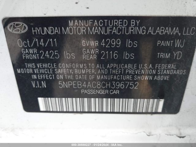 Photo 8 VIN: 5NPEB4AC8CH396752 - HYUNDAI SONATA 