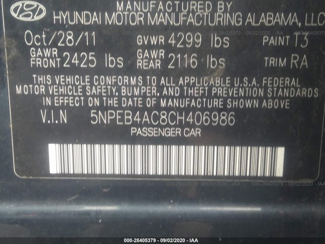 Photo 8 VIN: 5NPEB4AC8CH406986 - HYUNDAI SONATA 