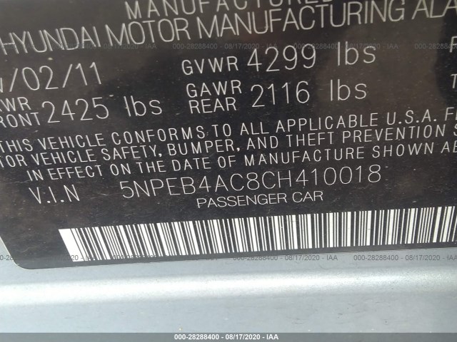 Photo 8 VIN: 5NPEB4AC8CH410018 - HYUNDAI SONATA 