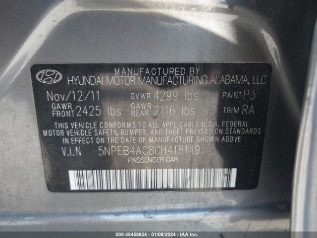 Photo 8 VIN: 5NPEB4AC8CH418149 - HYUNDAI SONATA 