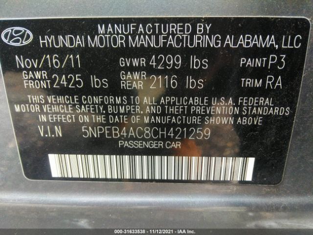 Photo 8 VIN: 5NPEB4AC8CH421259 - HYUNDAI SONATA 