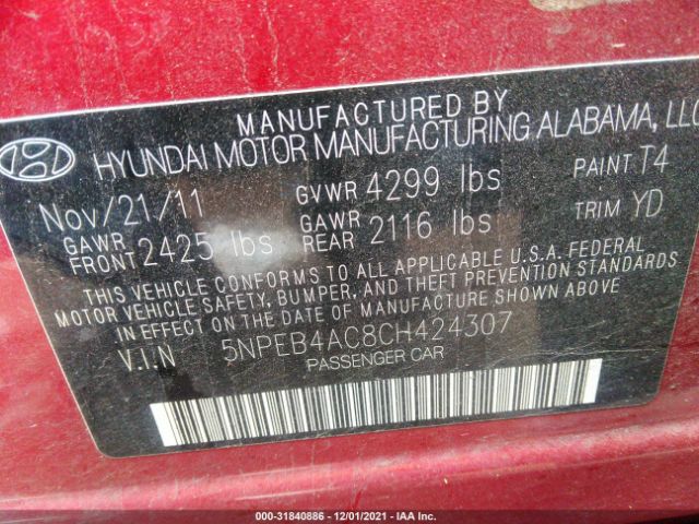 Photo 8 VIN: 5NPEB4AC8CH424307 - HYUNDAI SONATA 