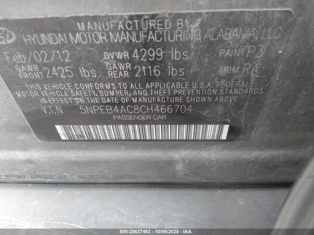 Photo 8 VIN: 5NPEB4AC8CH466704 - HYUNDAI SONATA 