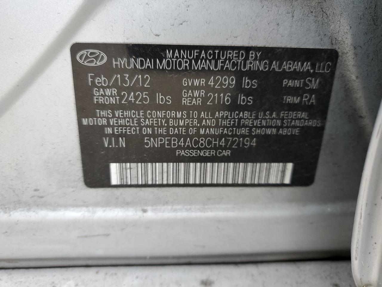 Photo 11 VIN: 5NPEB4AC8CH472194 - HYUNDAI SONATA 