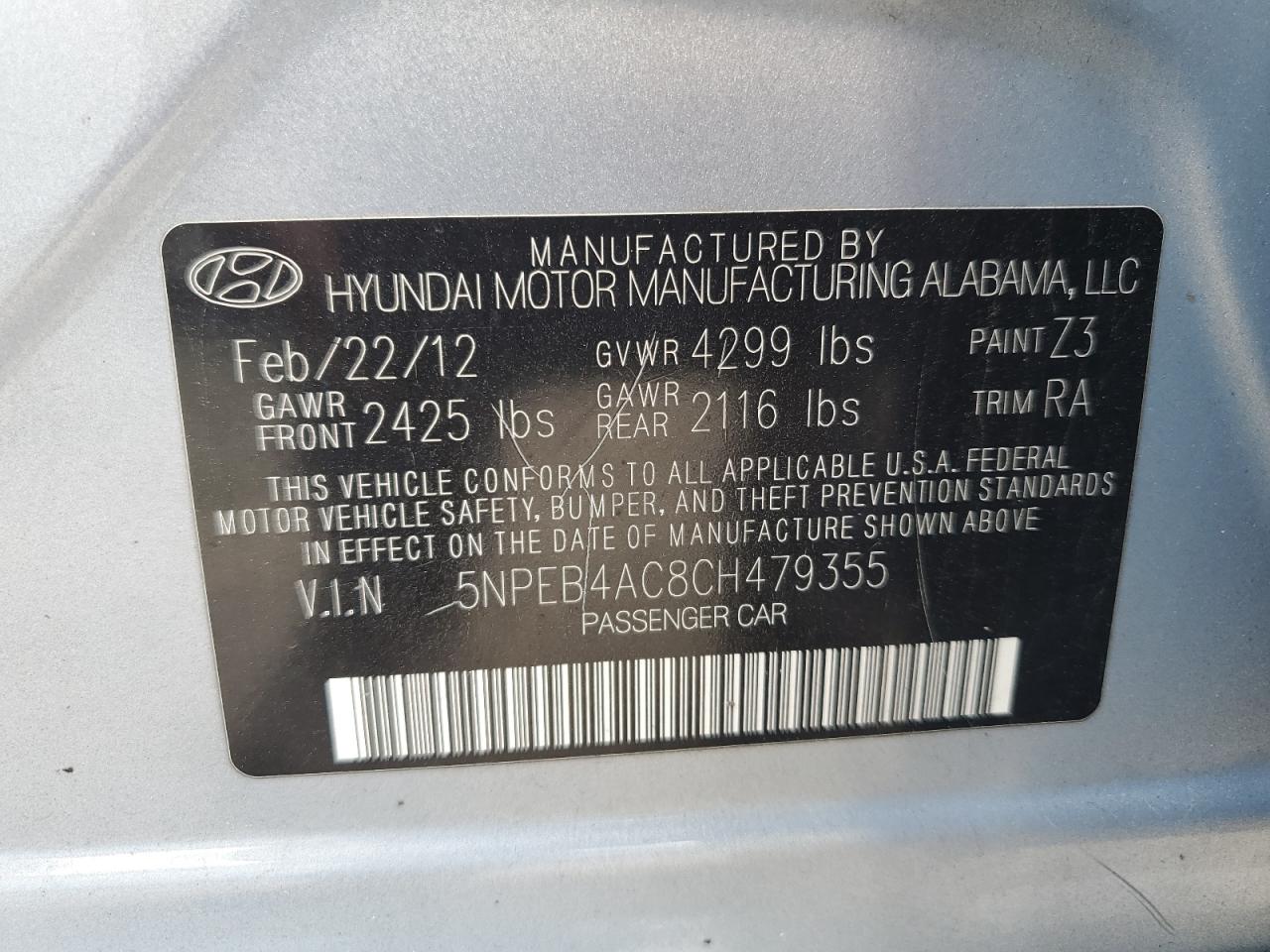 Photo 11 VIN: 5NPEB4AC8CH479355 - HYUNDAI SONATA 