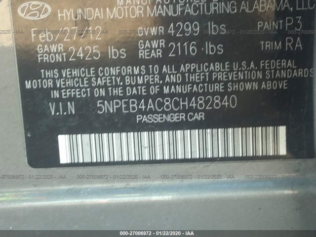 Photo 8 VIN: 5NPEB4AC8CH482840 - HYUNDAI SONATA 