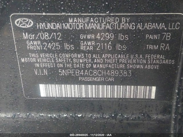 Photo 8 VIN: 5NPEB4AC8CH489383 - HYUNDAI SONATA 