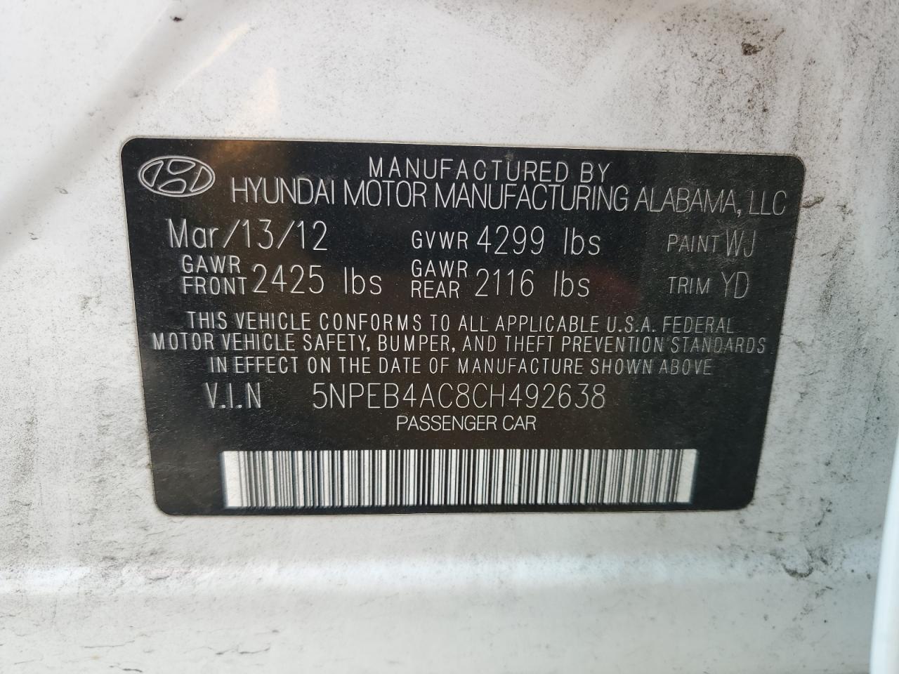 Photo 11 VIN: 5NPEB4AC8CH492638 - HYUNDAI SONATA 