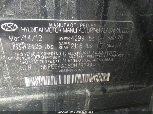 Photo 8 VIN: 5NPEB4AC8CH492994 - HYUNDAI SONATA 