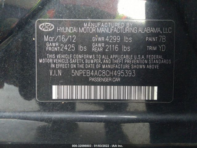 Photo 8 VIN: 5NPEB4AC8CH495393 - HYUNDAI SONATA 