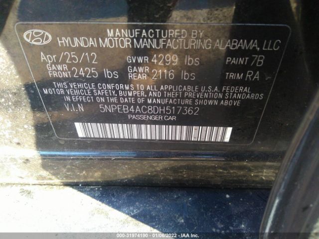 Photo 8 VIN: 5NPEB4AC8DH517362 - HYUNDAI SONATA 