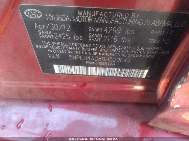 Photo 8 VIN: 5NPEB4AC8DH520049 - HYUNDAI SONATA 