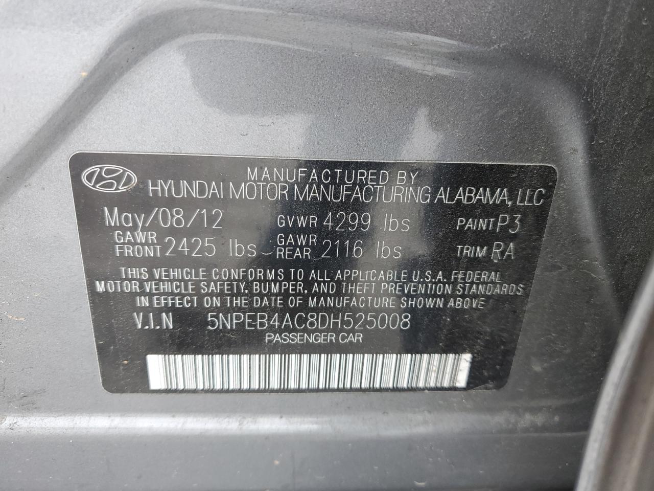 Photo 11 VIN: 5NPEB4AC8DH525008 - HYUNDAI SONATA 