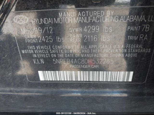 Photo 8 VIN: 5NPEB4AC8DH532265 - HYUNDAI SONATA 