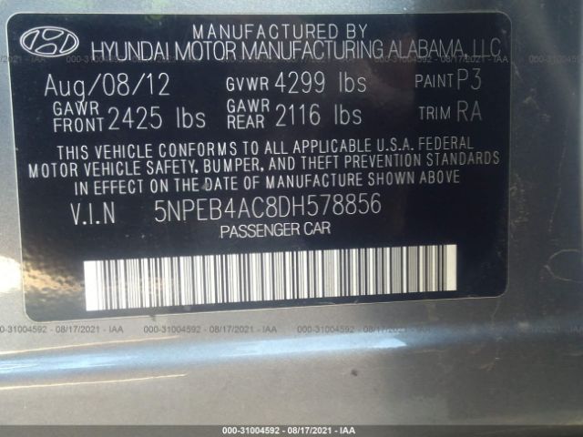 Photo 8 VIN: 5NPEB4AC8DH578856 - HYUNDAI SONATA 