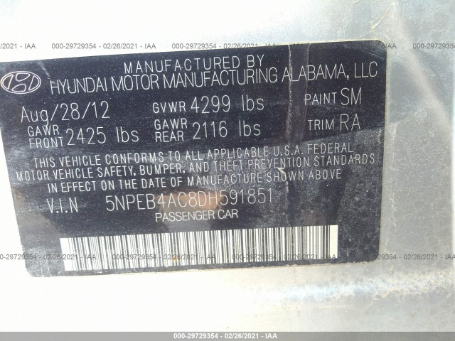 Photo 8 VIN: 5NPEB4AC8DH591851 - HYUNDAI SONATA 