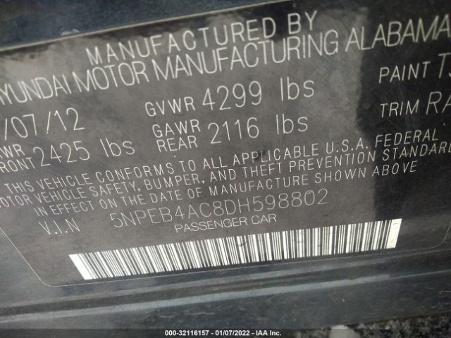 Photo 8 VIN: 5NPEB4AC8DH598802 - HYUNDAI SONATA 