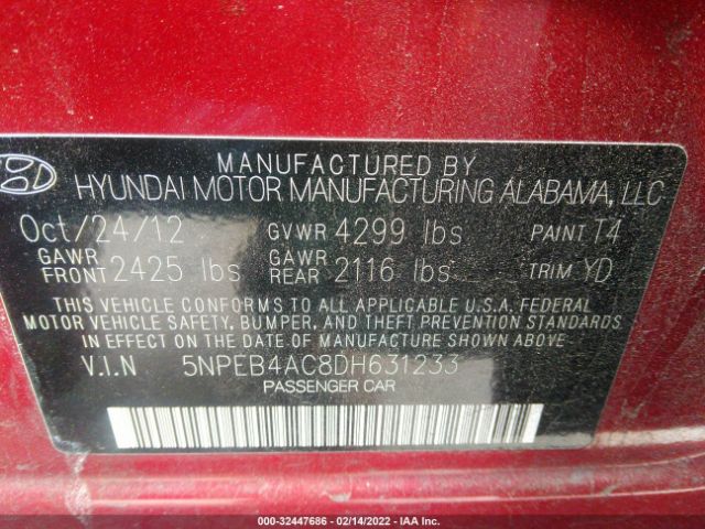 Photo 8 VIN: 5NPEB4AC8DH631233 - HYUNDAI SONATA 