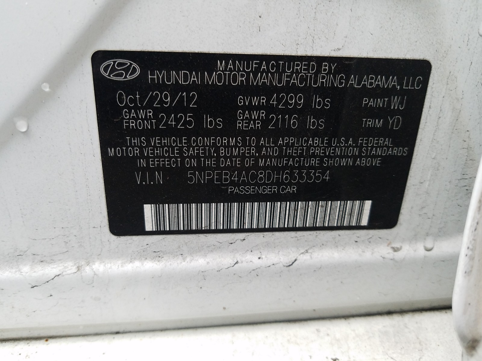 Photo 9 VIN: 5NPEB4AC8DH633354 - HYUNDAI SONATA GLS 