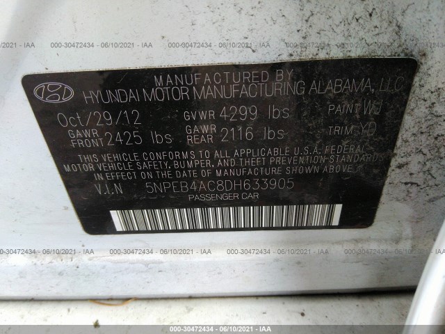 Photo 8 VIN: 5NPEB4AC8DH633905 - HYUNDAI SONATA 