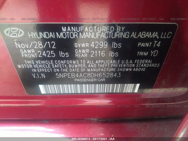 Photo 8 VIN: 5NPEB4AC8DH652843 - HYUNDAI SONATA 