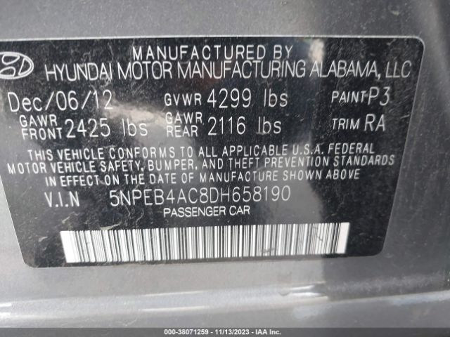 Photo 8 VIN: 5NPEB4AC8DH658190 - HYUNDAI SONATA 