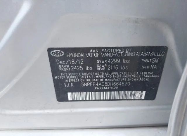 Photo 8 VIN: 5NPEB4AC8DH664670 - HYUNDAI SONATA 