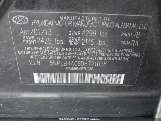 Photo 8 VIN: 5NPEB4AC8DH721028 - HYUNDAI SONATA 