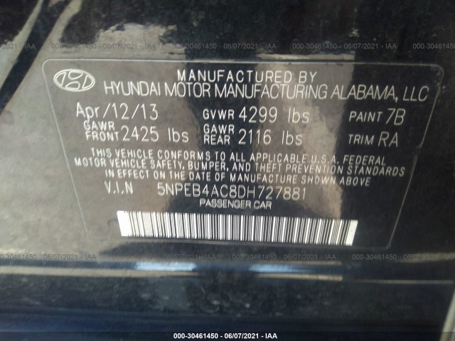 Photo 8 VIN: 5NPEB4AC8DH727881 - HYUNDAI SONATA 