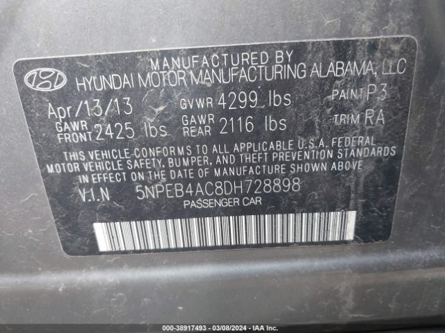 Photo 8 VIN: 5NPEB4AC8DH728898 - HYUNDAI SONATA 