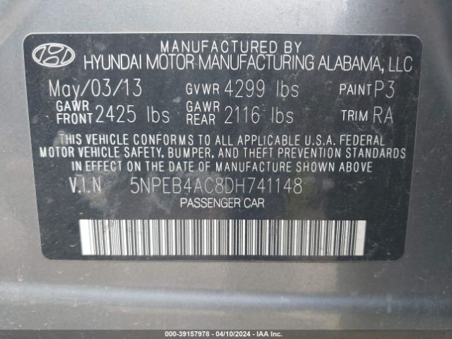 Photo 8 VIN: 5NPEB4AC8DH741148 - HYUNDAI SONATA 