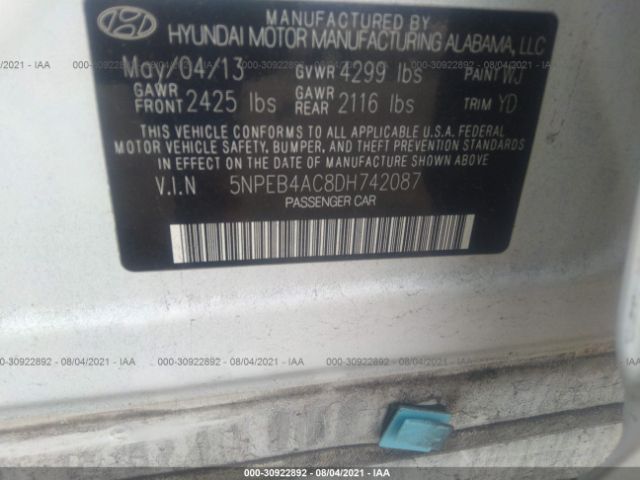 Photo 8 VIN: 5NPEB4AC8DH742087 - HYUNDAI SONATA 