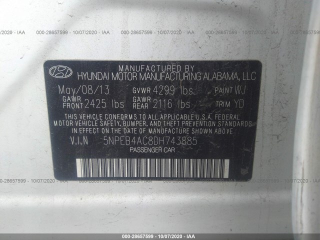 Photo 8 VIN: 5NPEB4AC8DH743885 - HYUNDAI SONATA 