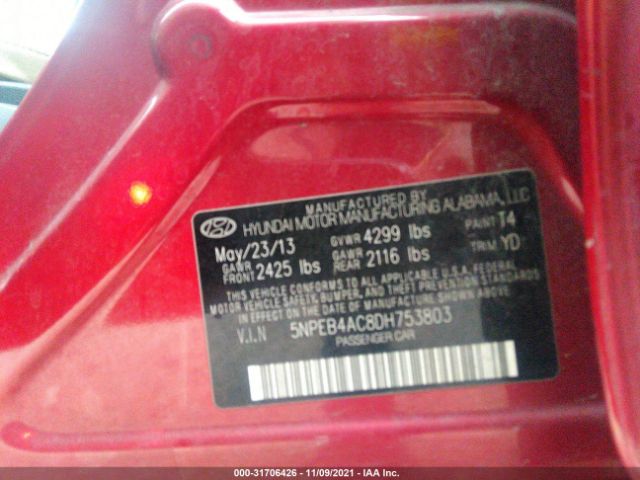 Photo 8 VIN: 5NPEB4AC8DH753803 - HYUNDAI SONATA 