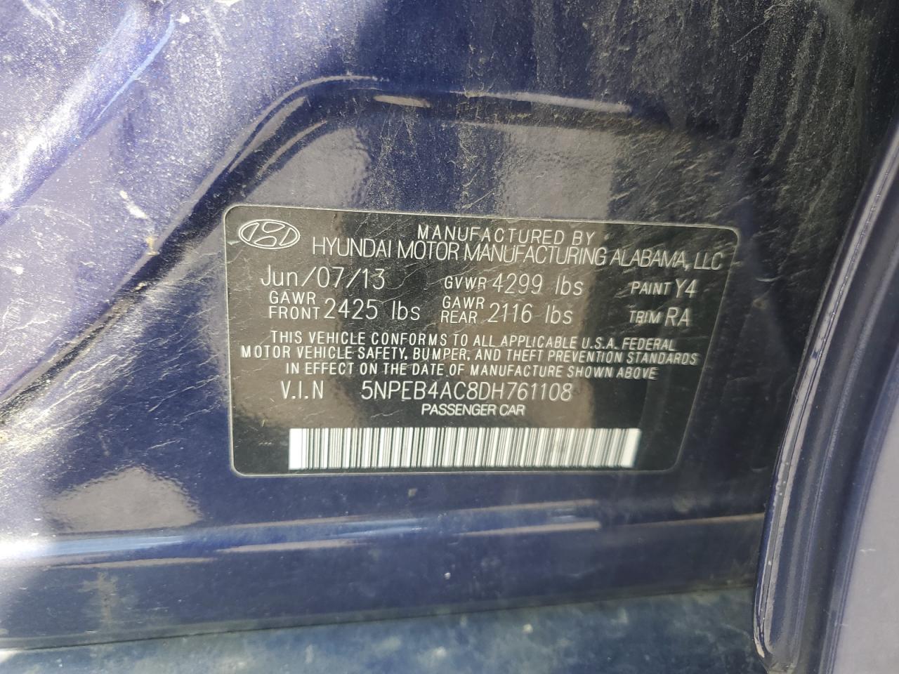 Photo 11 VIN: 5NPEB4AC8DH761108 - HYUNDAI SONATA 