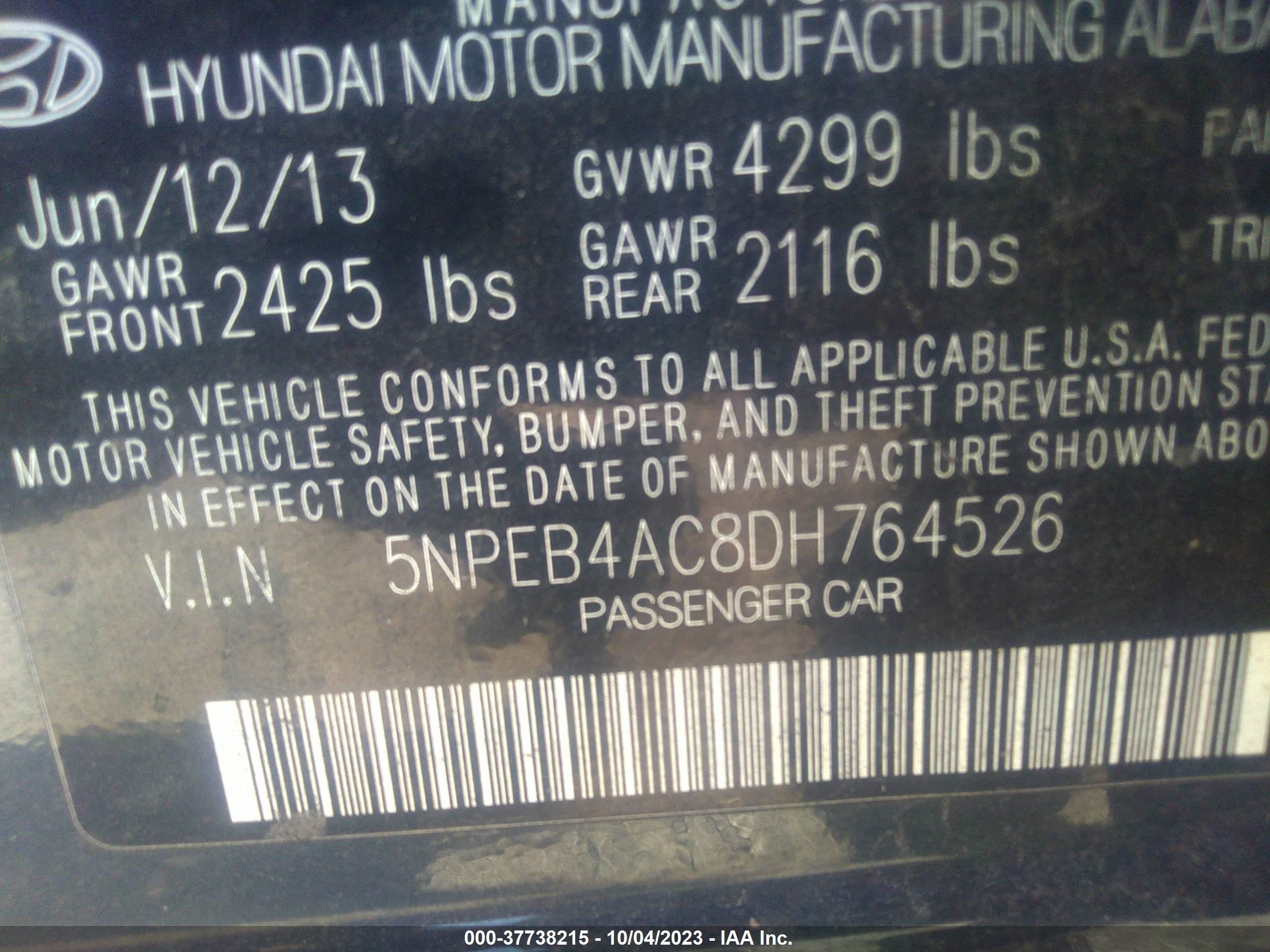 Photo 8 VIN: 5NPEB4AC8DH764526 - HYUNDAI SONATA 