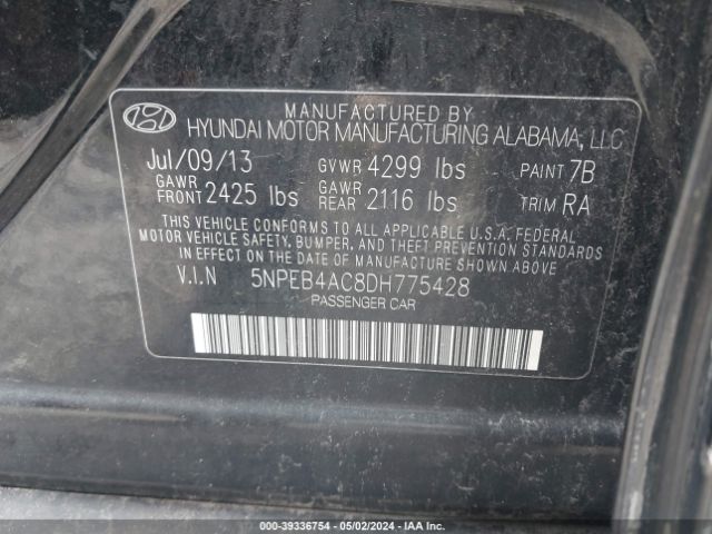 Photo 8 VIN: 5NPEB4AC8DH775428 - HYUNDAI SONATA 