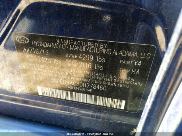 Photo 8 VIN: 5NPEB4AC8DH778460 - HYUNDAI SONATA 