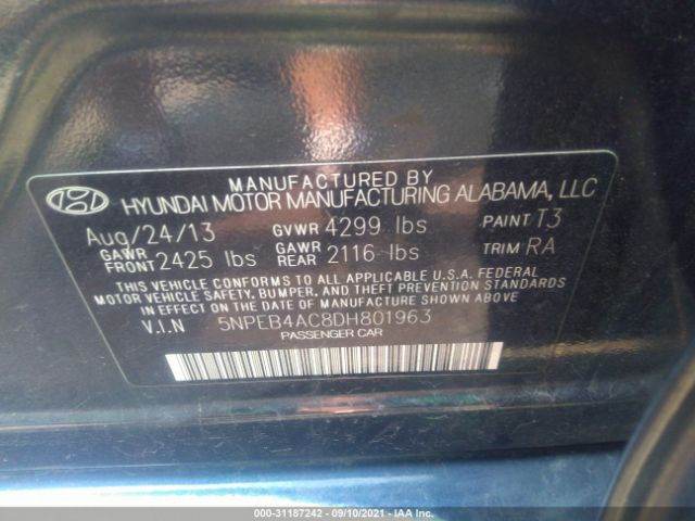 Photo 8 VIN: 5NPEB4AC8DH801963 - HYUNDAI SONATA 