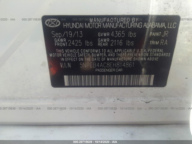 Photo 8 VIN: 5NPEB4AC8EH814861 - HYUNDAI SONATA 