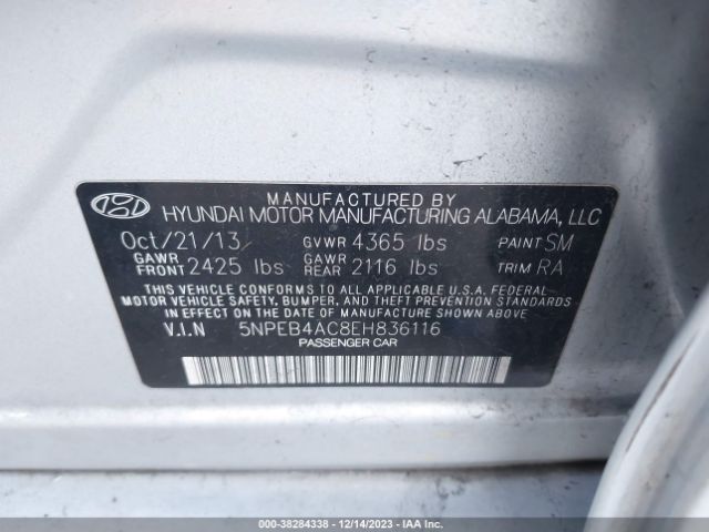 Photo 8 VIN: 5NPEB4AC8EH836116 - HYUNDAI SONATA GLS 