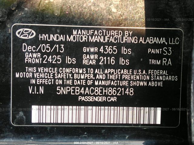 Photo 8 VIN: 5NPEB4AC8EH862148 - HYUNDAI SONATA 