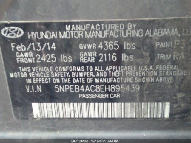 Photo 8 VIN: 5NPEB4AC8EH895439 - HYUNDAI SONATA 