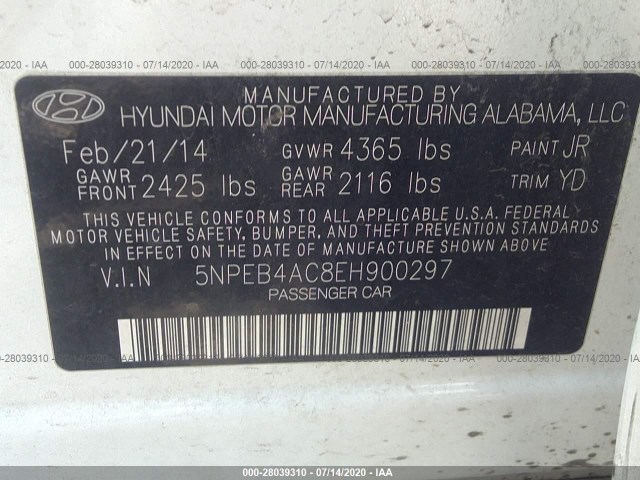 Photo 8 VIN: 5NPEB4AC8EH900297 - HYUNDAI SONATA 