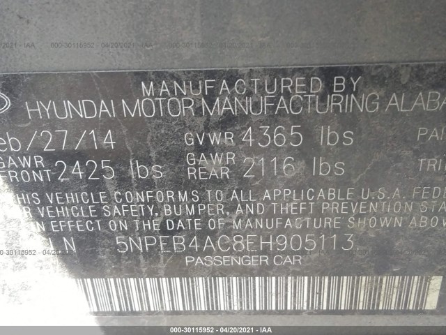 Photo 8 VIN: 5NPEB4AC8EH905113 - HYUNDAI SONATA 