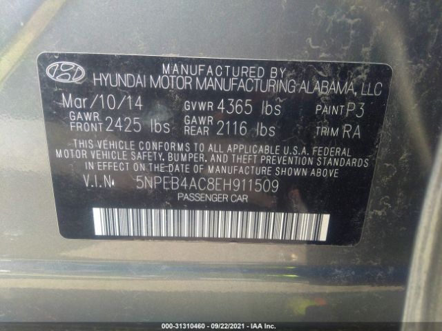 Photo 8 VIN: 5NPEB4AC8EH911509 - HYUNDAI SONATA 