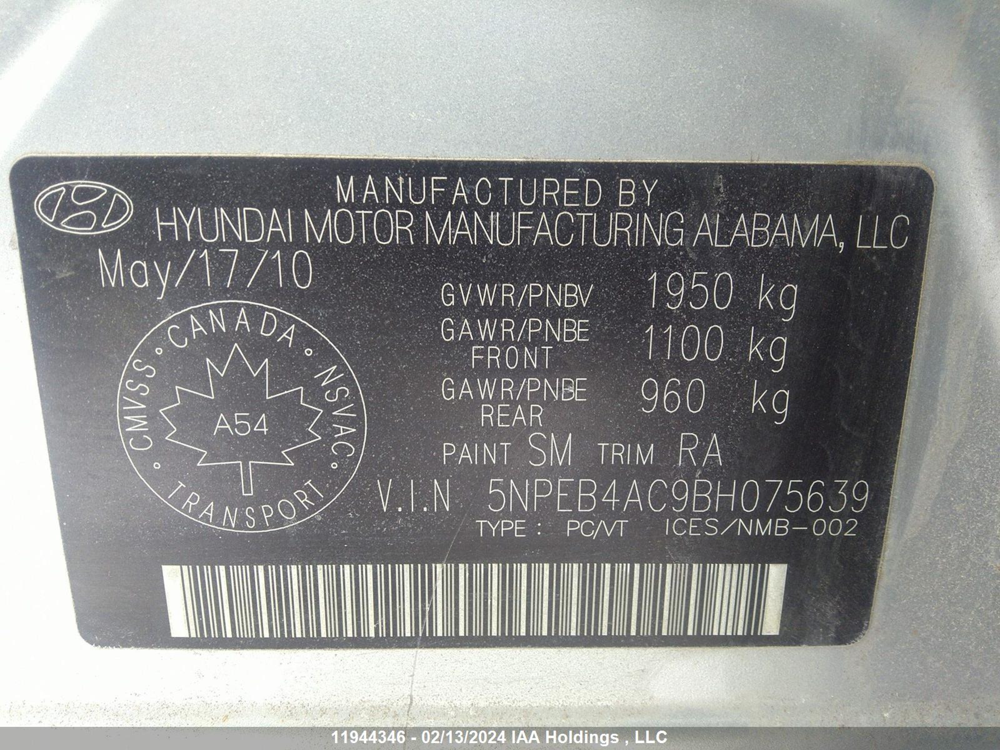 Photo 8 VIN: 5NPEB4AC9BH075639 - HYUNDAI SONATA 